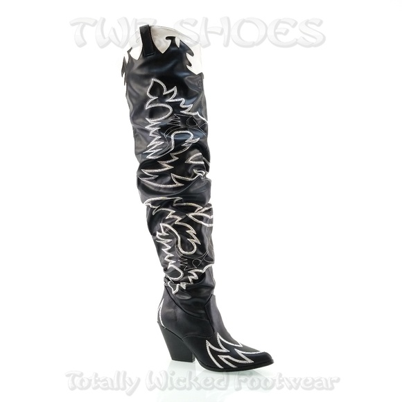 Kelsey Black Embroidered White Thigh High Western Cowboy Slouch Boots - Picture 7 of 8